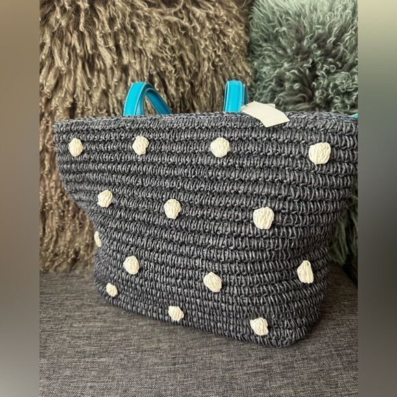 Talbots Navy Blue w/White Dots Raffia Shoulder Bag - Picture 6 of 13